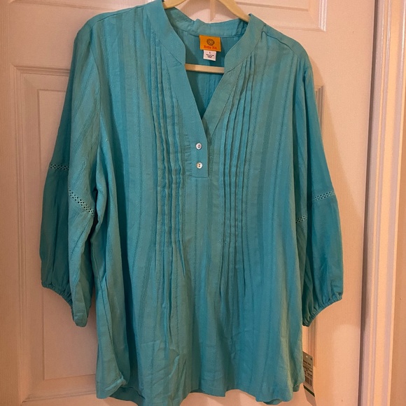 NWT Ruby Rd. | Aqua Notch-Neck Puff-Sleeve Top - Picture 1 of 4